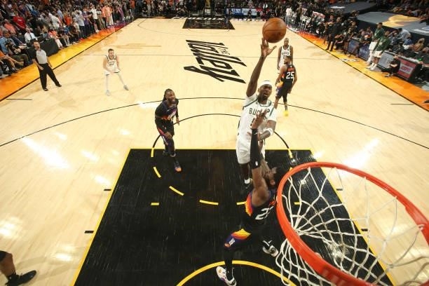 Bobby Portis of the Milwaukee Bucks shoots the ball against the Phoenix Suns during Game One of the 2021 NBA Finals on July 6, 2021 at Talking Stick...