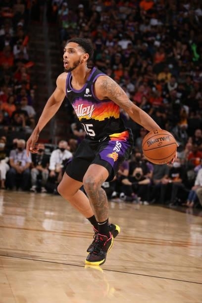 Cameron Payne of the Phoenix Suns handles the ball against the Milwaukee Bucks during Game One of the 2021 NBA Finals on July 6, 2021 at Talking...