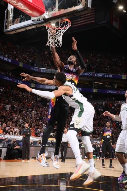 Deandre Ayton of the Phoenix Suns shoots the ball against the Milwaukee Bucks during Game One of the 2021 NBA Finals on July 6, 2021 at Talking Stick...