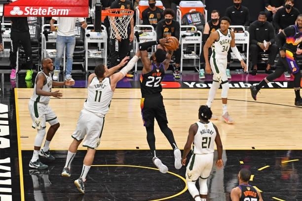 Deandre Ayton of the Phoenix Suns dunks the ball against the Milwaukee Bucks during Game One of the 2021 NBA Finals on July 6, 2021 at Phoenix Suns...