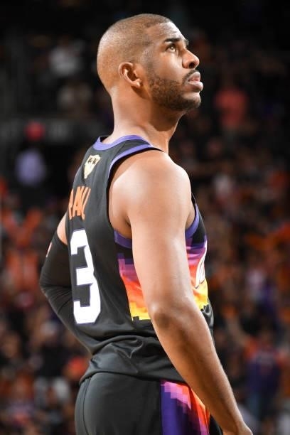 Chris Paul of the Phoenix Suns looks on during the game against the Milwaukee Bucks during Game One of the 2021 NBA Finals on July 6, 2021 at Phoenix...
