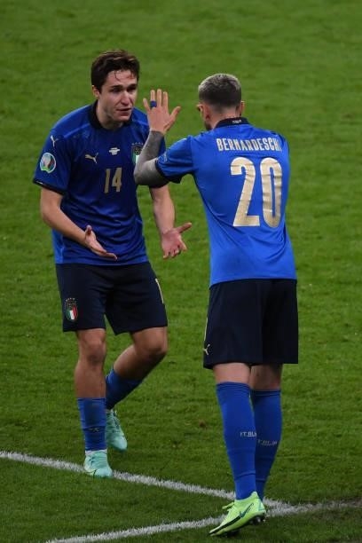 Federico Chiesa of Italy substituted by Federico Bemardeschi of Italy during the UEFA Euro 2020 Championship Semi-final match between Italy and Spain...