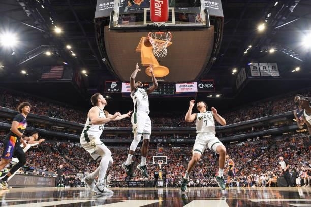 Khris Middleton of the Milwaukee Bucks rebounds the ball during the game against the Phoenix Suns during Game One of the 2021 NBA Finals on July 6,...