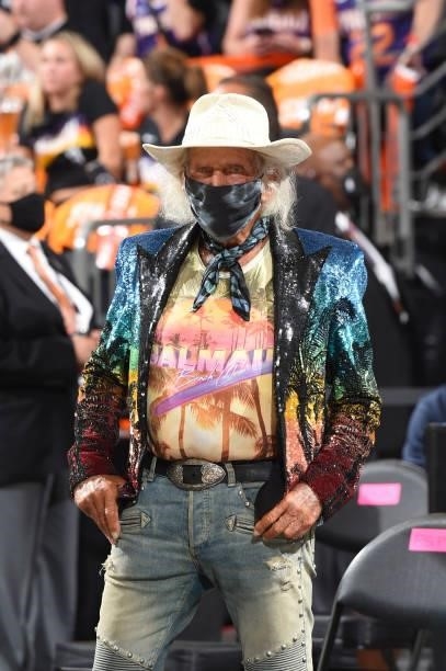 Super Fan, James Goldstein looks on before the game between the Milwaukee Bucks and Phoenix Suns during Game One of the 2021 NBA Finals on July 6,...