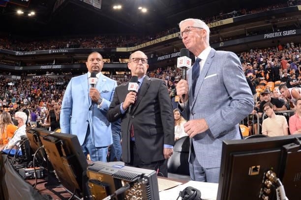 Announcers, Mark Jackson, Jeff Van Gundy and Mike Breen look on before the game between the Milwaukee Bucks and Phoenix Suns during Game One of the...
