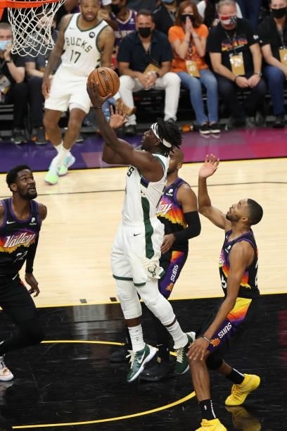 Jrue Holiday of the Milwaukee Bucks shoots the ball against the Phoenix Suns during Game One of the 2021 NBA Finals on July 6, 2021 at Phoenix Suns...
