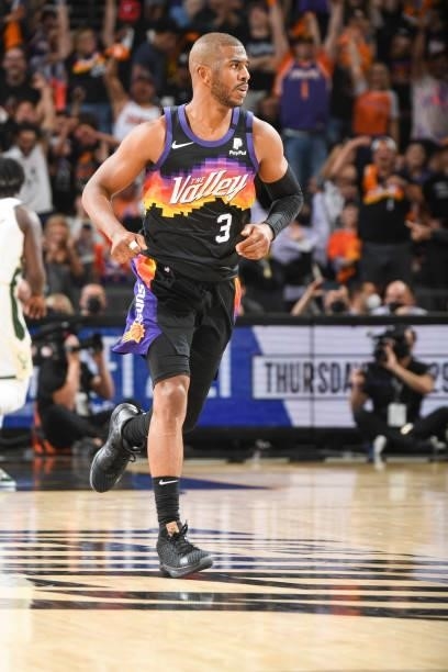 Chris Paul of the Phoenix Suns runs down the court during the game against the Milwaukee Bucks during Game One of the 2021 NBA Finals on July 6, 2021...