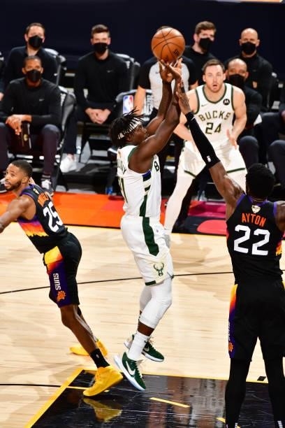 Jrue Holiday of the Milwaukee Bucks shoots the ball against the Phoenix Suns during Game One of the 2021 NBA Finals on July 6, 2021 at Phoenix Suns...