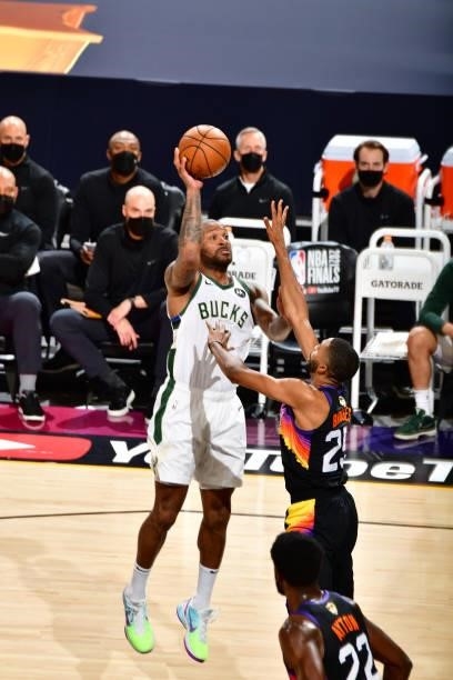 Tucker of the Milwaukee Bucks shoots the ball against the Phoenix Suns during Game One of the 2021 NBA Finals on July 6, 2021 at Phoenix Suns Arena...