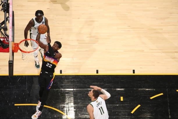 Deandre Ayton of the Phoenix Suns drives to the basket against the Milwaukee Bucksduring Game One of the 2021 NBA Finals on July 6, 2021 at Talking...