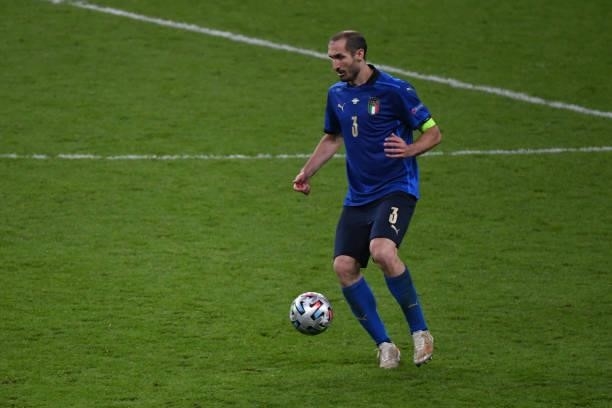 Giorgio Chiellini of Italy controlls the ball during the UEFA Euro 2020 Championship Semi-final match between Italy and Spain at Wembley Stadium on...