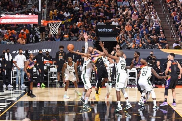 Mikal Bridges of the Phoenix Suns drives to the basket during the game against the Milwaukee Bucks during Game One of the 2021 NBA Finals on July 6,...