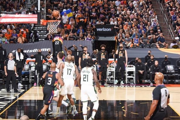 Deandre Ayton of the Phoenix Suns drives to the basket during the game against the Milwaukee Bucks during Game One of the 2021 NBA Finals on July 6,...