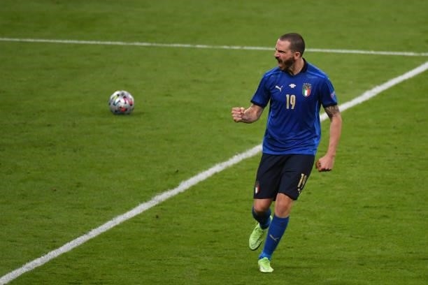 Leonardo Bonucci of Italy celebrates the success of penalty kick at penalty shoot out with Spain during the UEFA Euro 2020 Championship Semi-final...