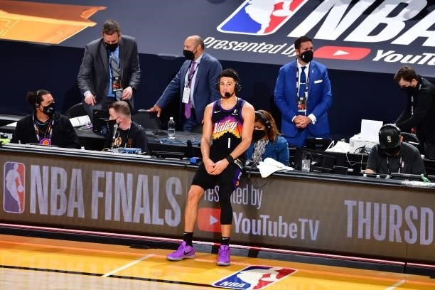 Devin Booker of the Phoenix Suns is interviewed after the game against the Milwaukee Bucks during Game One of the 2021 NBA Finals on July 6, 2021 at...