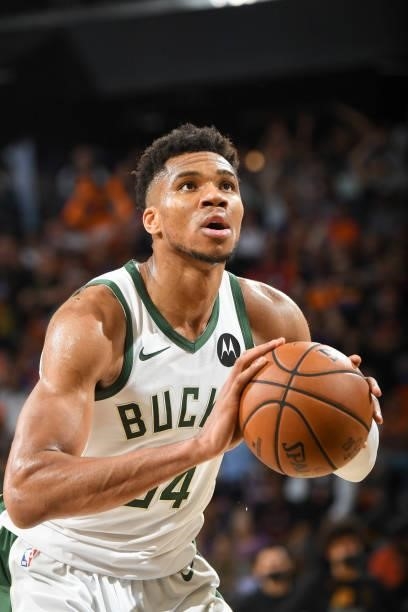 Giannis Antetokounmpo of the Milwaukee Bucks shoots a free throw during the game against the Phoenix Suns during Game One of the 2021 NBA Finals on...