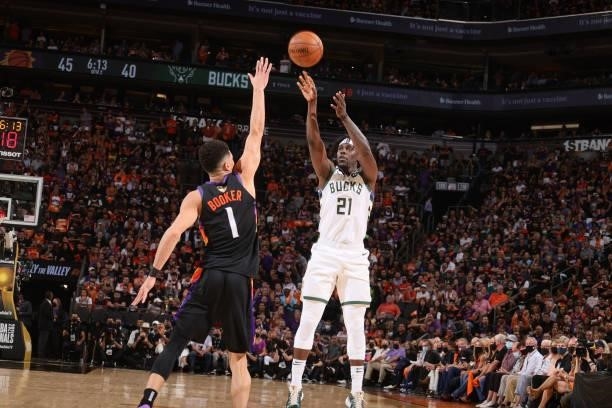Jrue Holiday of the Milwaukee Bucks shoots the ball against the Phoenix Suns during Game One of the 2021 NBA Finals on July 6, 2021 at Talking Stick...