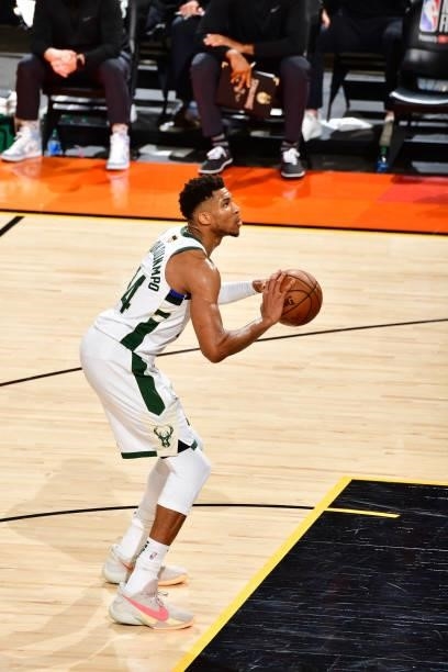 Giannis Antetokounmpo of the Milwaukee Bucks looks to shoots a free throw against the Phoenix Suns during Game One of the 2021 NBA Finals on July 6,...