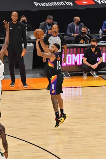 Cameron Payne of the Phoenix Suns shoots a three point basket against the Milwaukee Bucks during Game One of the 2021 NBA Finals on July 6, 2021 at...