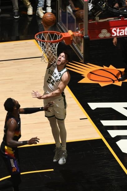 Pat Connaughton of the Milwaukee Bucks drives to the basket against the Phoenix Suns during Game One of the 2021 NBA Finals on July 6, 2021 at...