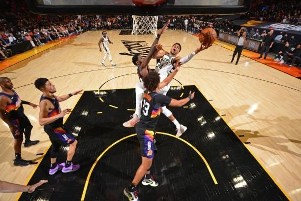 Giannis Antetokounmpo of the Milwaukee Bucks drives to the basket against the Phoenix Suns during Game One of the 2021 NBA Finals on July 6, 2021 at...