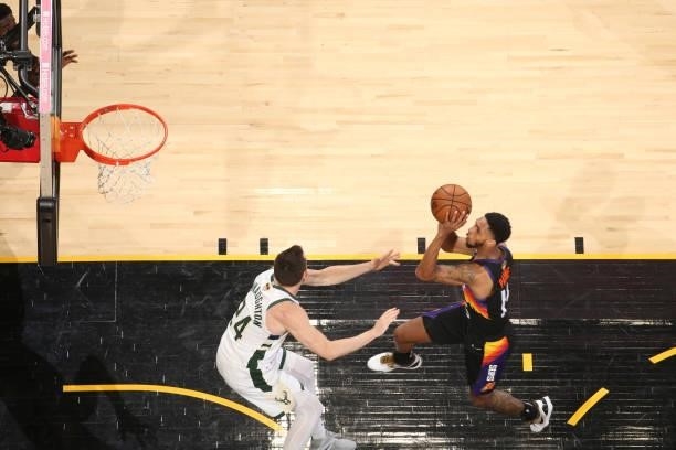 Cameron Payne of the Phoenix Suns drives to the basket against the Milwaukee Bucks during Game One of the 2021 NBA Finals on July 6, 2021 at Talking...