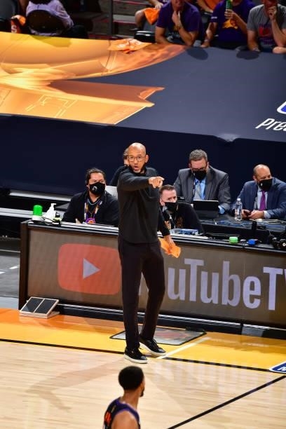 Head Coach Monty Williams of the Phoenix Suns looks on during Game One of the 2021 NBA Finals on July 6, 2021 at Phoenix Suns Arena in Phoenix,...