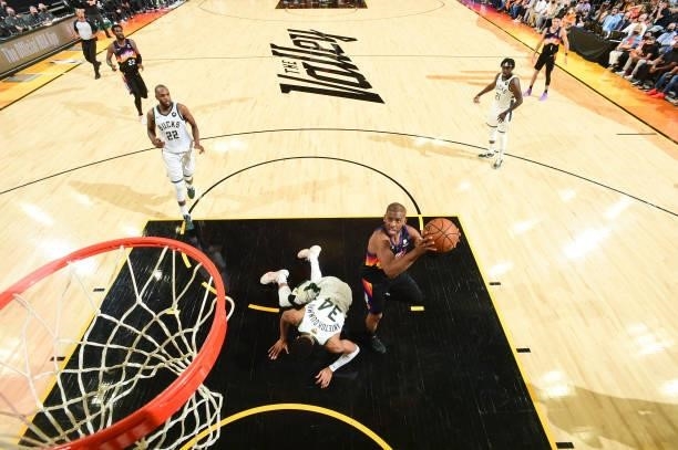 Chris Paul of the Phoenix Suns drives to the basket during Game One of the 2021 NBA Finals on July 6, 2021 at Phoenix Suns Arena in Phoenix, Arizona....