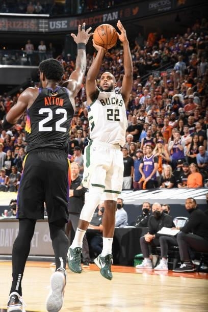 Khris Middleton of the Milwaukee Bucks shoots the ball during the game against the Milwaukee Bucks during Game One of the 2021 NBA Finals on July 6,...