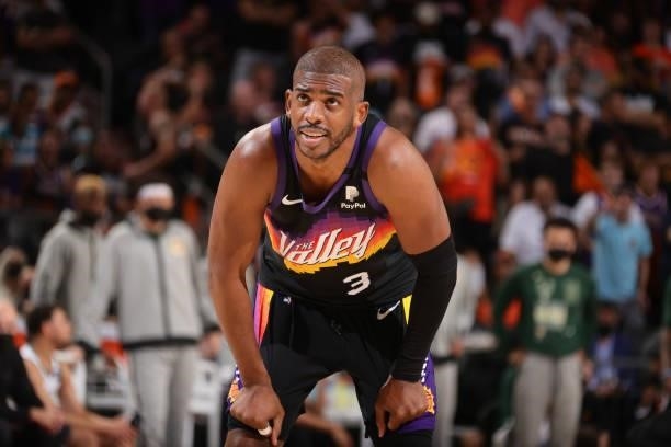 Chris Paul of the Phoenix Suns looks on during Game One of the 2021 NBA Finals on July 6, 2021 at Talking Stick Resort Arena in Phoenix, Arizona....