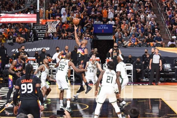 Chris Paul of the Phoenix Suns drives to the basket during the game against the Milwaukee Bucks during Game One of the 2021 NBA Finals on July 6,...