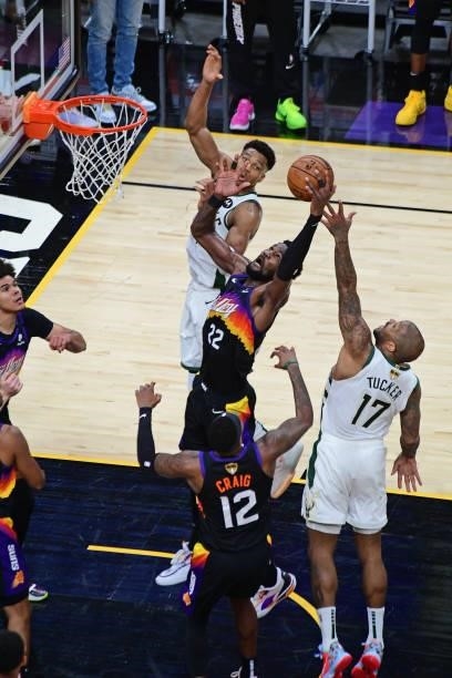 Deandre Ayton of the Phoenix Suns grabs a rebound against the Milwaukee Bucks during Game One of the 2021 NBA Finals on July 6, 2021 at Phoenix Suns...