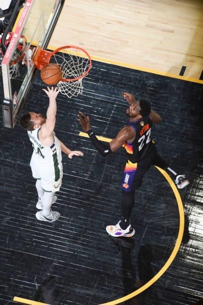 Pat Connaughton of the Milwaukee Bucks shoots the ball during the game against the Phoenix Suns during Game One of the 2021 NBA Finals on July 6,...