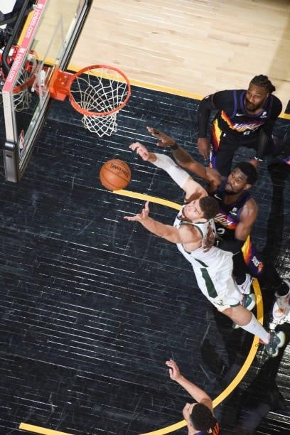 Brook Lopez of the Milwaukee Bucks fights for the rebound during the game against the Phoenix Suns during Game One of the 2021 NBA Finals on July 6,...