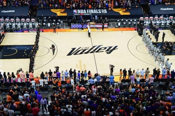 An overhead view of the Milwaukee Bucks and the Phoenix Suns standing for the National Anthem during Game One of the 2021 NBA Finals on July 6, 2021...