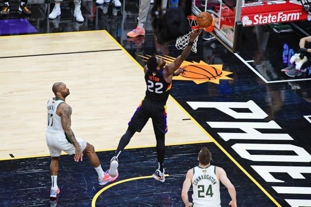 Deandre Ayton of the Phoenix Suns drives to the basket against the Milwaukee Bucks during Game One of the 2021 NBA Finals on July 6, 2021 at Phoenix...