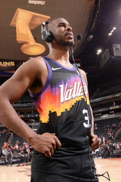 Chris Paul of the Phoenix Suns talks to the media after the game against the Milwaukee Bucks during Game One of the 2021 NBA Finals on July 6, 2021...
