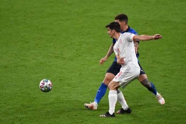 Gerard Moreno of Spain passes the ball during the UEFA Euro 2020 Championship Semi-final match between Italy and Spain at Wembley Stadium on July 6,...