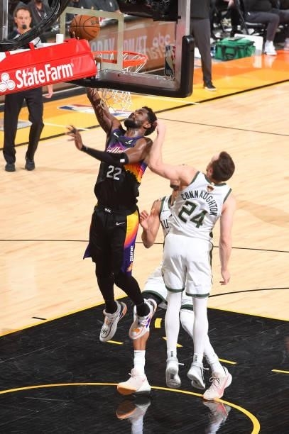 Deandre Ayton of the Phoenix Suns drives to the basket during the game against the Milwaukee Bucks during Game One of the 2021 NBA Finals on July 6,...