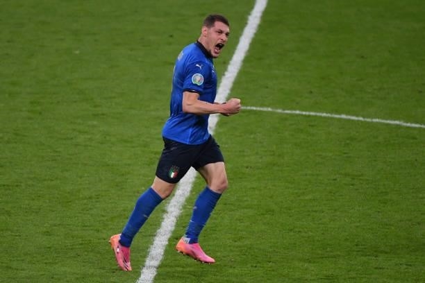 Andrea Belotti of Italy celebrates a penalty kick conversion during the UEFA Euro 2020 Championship Semi-final match between Italy and Spain at...