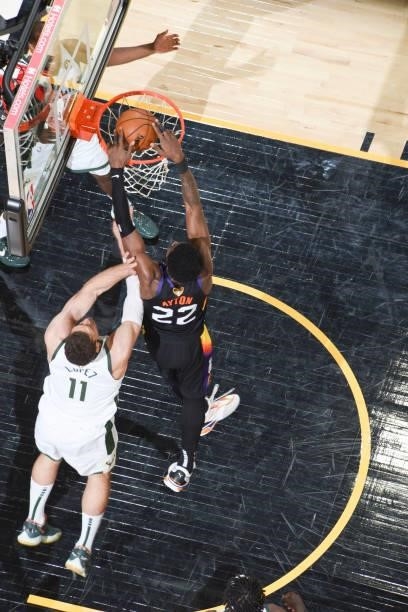 Deandre Ayton of the Phoenix Suns dunks the ball during the game against the Milwaukee Bucks during Game One of the 2021 NBA Finals on July 6, 2021...