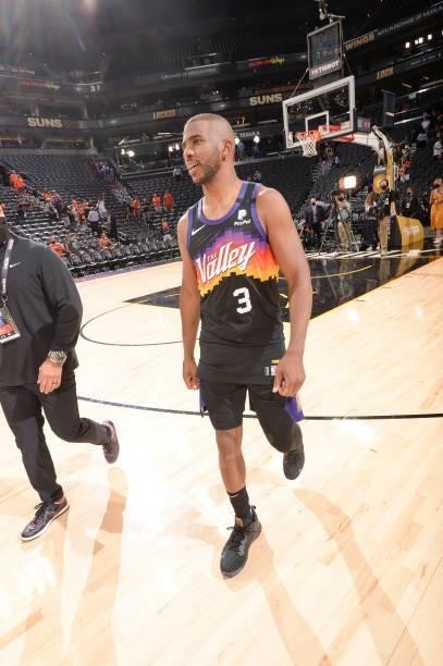 Chris Paul of the Phoenix Suns smiles after the game against the Milwaukee Bucks during Game One of the 2021 NBA Finals on July 6, 2021 at Phoenix...