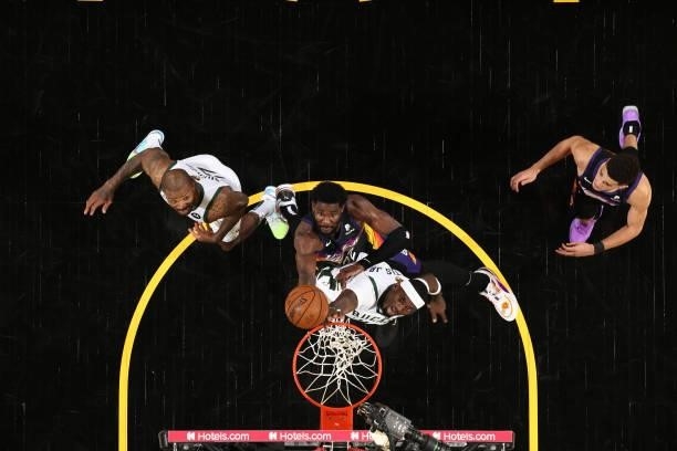 Deandre Ayton of the Phoenix Suns drives to the basket against the Milwaukee Bucks during Game One of the 2021 NBA Finals on July 6, 2021 at Talking...