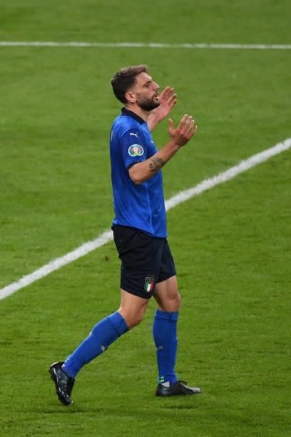 Andrea Belotti of Italy celebrates the convert of penalty kick during the UEFA Euro 2020 Championship Semi-final match between Italy and Spain at...