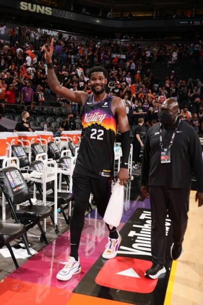 Deandre Ayton of the Phoenix Suns smiles after the game against the Milwaukee Bucks during Game One of the 2021 NBA Finals on July 6, 2021 at Talking...