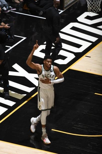 Giannis Antetokounmpo of the Milwaukee Bucks looks on before the game against the Milwaukee Bucks during Game One of the 2021 NBA Finals on July 6,...