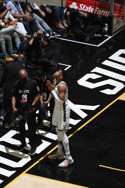 Giannis Antetokounmpo of the Milwaukee Bucks looks on before the game against the Milwaukee Bucks during Game One of the 2021 NBA Finals on July 6,...