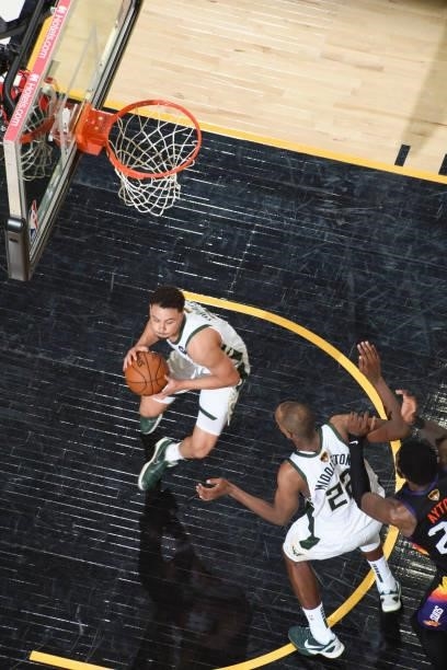 Bryn Forbes of the Milwaukee Bucks handles the ball during the game against the Phoenix Suns during Game One of the 2021 NBA Finals on July 6, 2021...