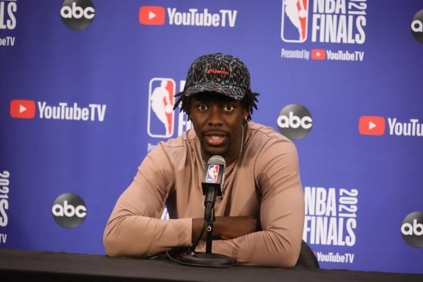 Jrue Holiday of the Milwaukee Bucks talks to the media after the game against the Phoenix Suns during Game One of the 2021 NBA Finals on July 6, 2021...