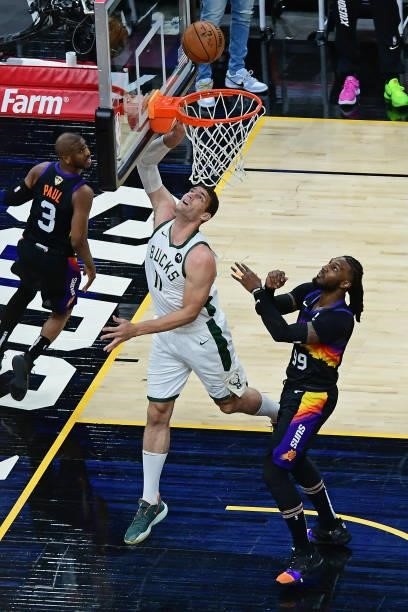Brook Lopez of the Milwaukee Bucks shoots the ball against the Phoenix Suns during Game One of the 2021 NBA Finals on July 6, 2021 at Phoenix Suns...